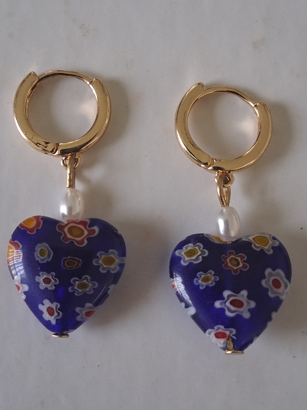 Gold Hoop Earrings with Blue Floral Heart Drops and Pearl Accent
